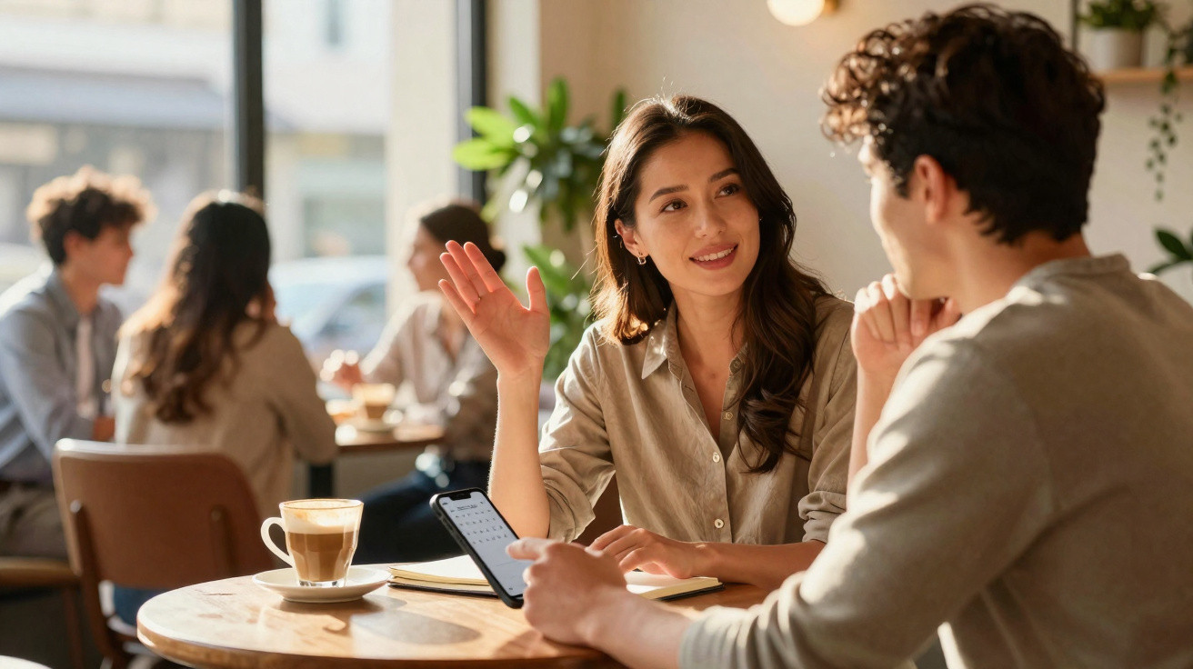 Dois jovens conversam animadamente numa esplanada com café e telemóvel na mesa.