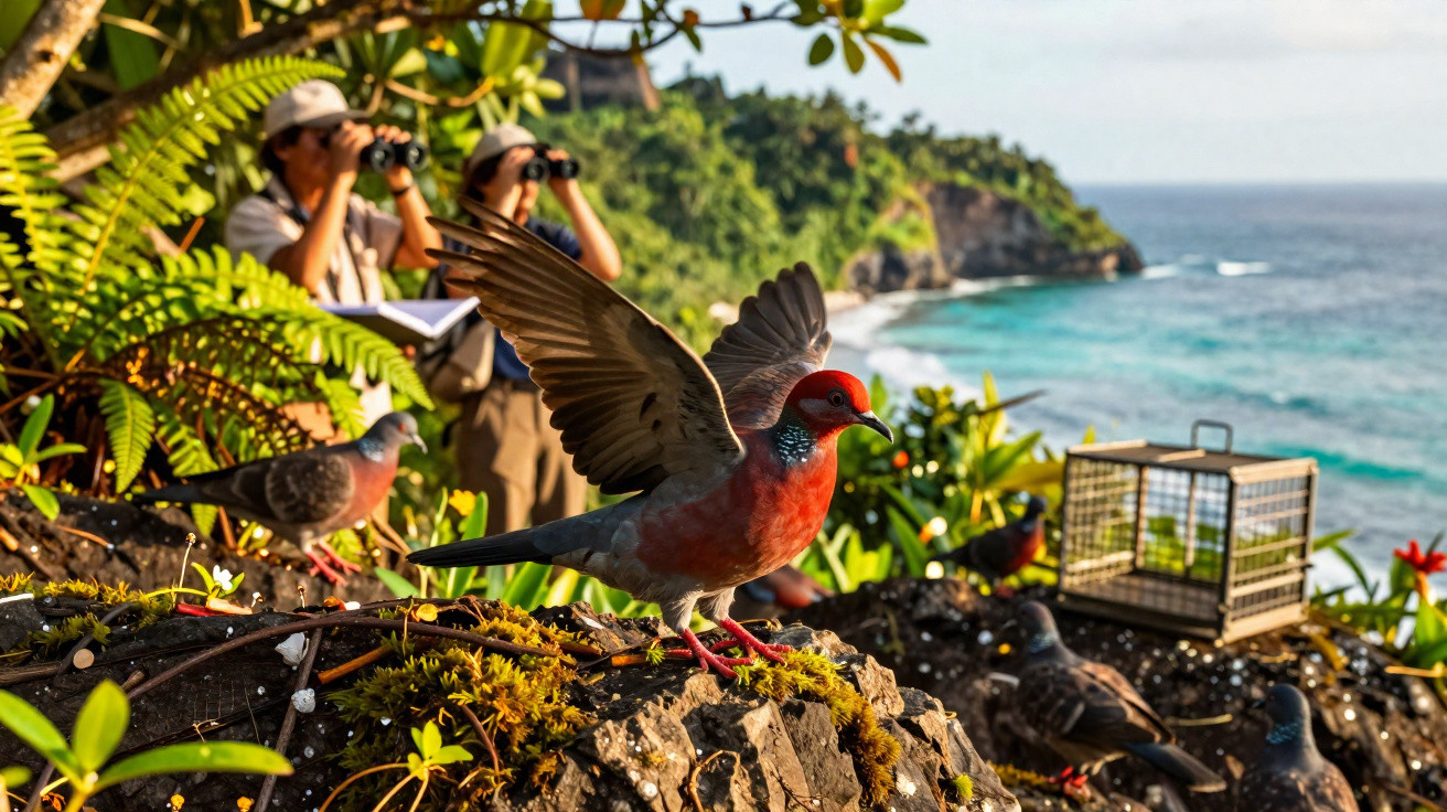 Pombo vermelho com asas abertas numa rocha junto ao mar, enquanto dois observadores usam binóculos ao fundo.