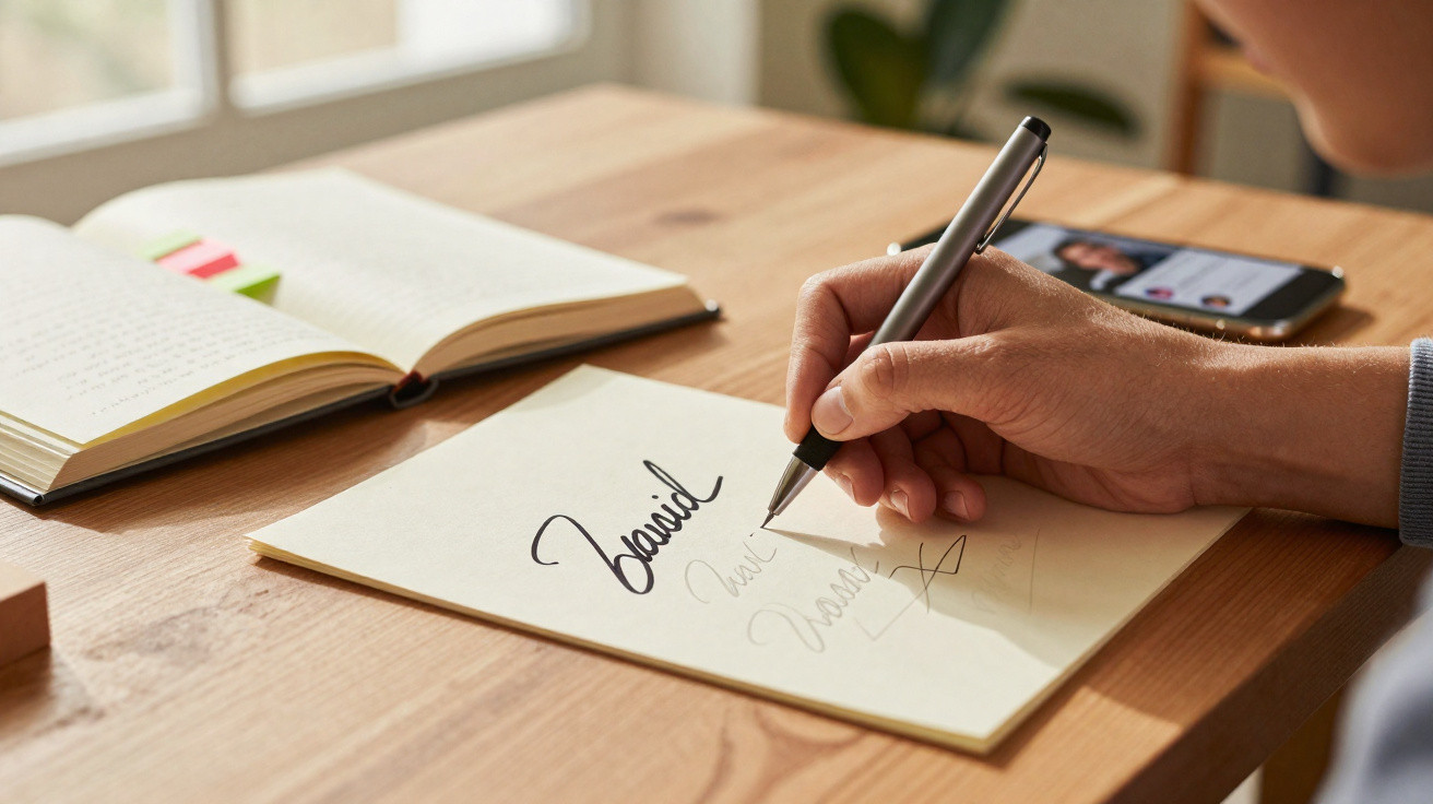 Pessoa a escrever assinaturas num papel, com um livro aberto e um telemóvel numa mesa de madeira.