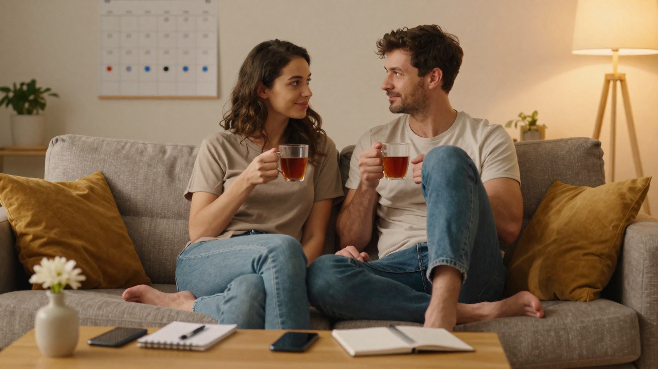 Casal sentado no sofá a beber chá e olhar um para o outro, com cadernos e telemóveis na mesa de madeira.