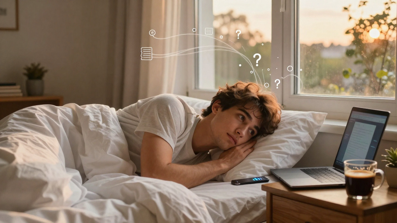 Jovem deitado na cama a olhar para o computador com símbolos de dúvidas em ambiente acolhedor.