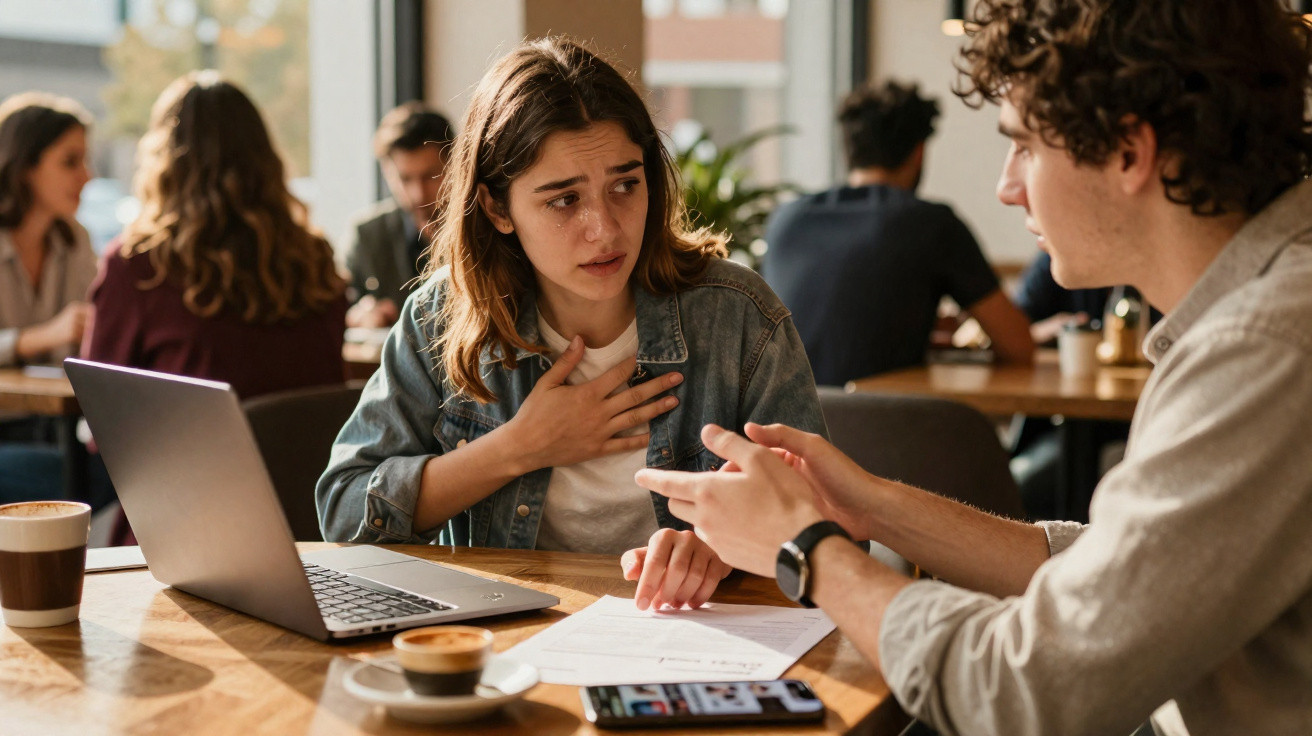Mulher preocupada fala com homem à mesa de café, com computador portátil e documentos à frente.