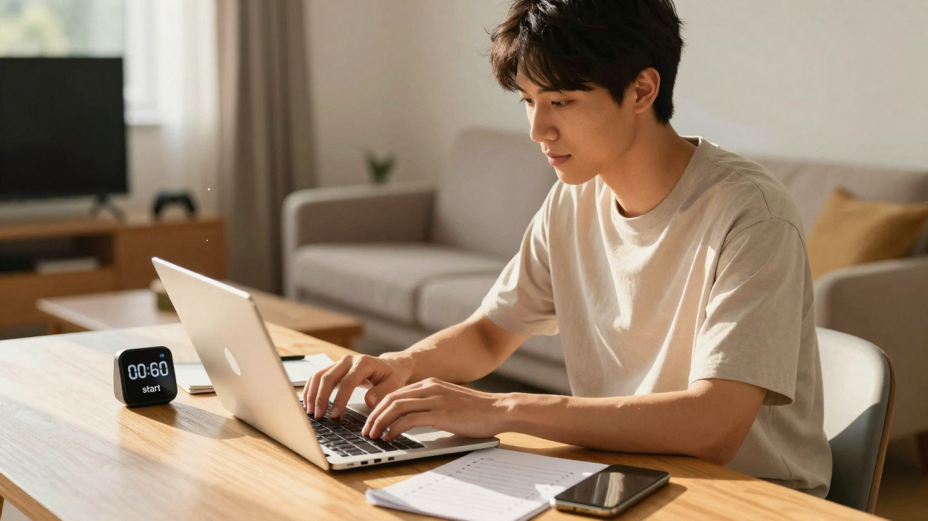 Jovem a trabalhar num computador portátil numa sala com secretária, caderno, smartphone e temporizador digital.