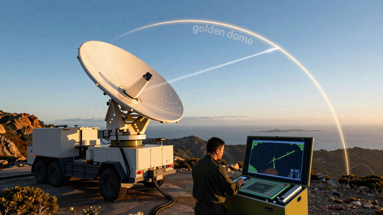Antena parabólica móvel num terreno montanhoso com operador a controlar radar ao pôr do sol.