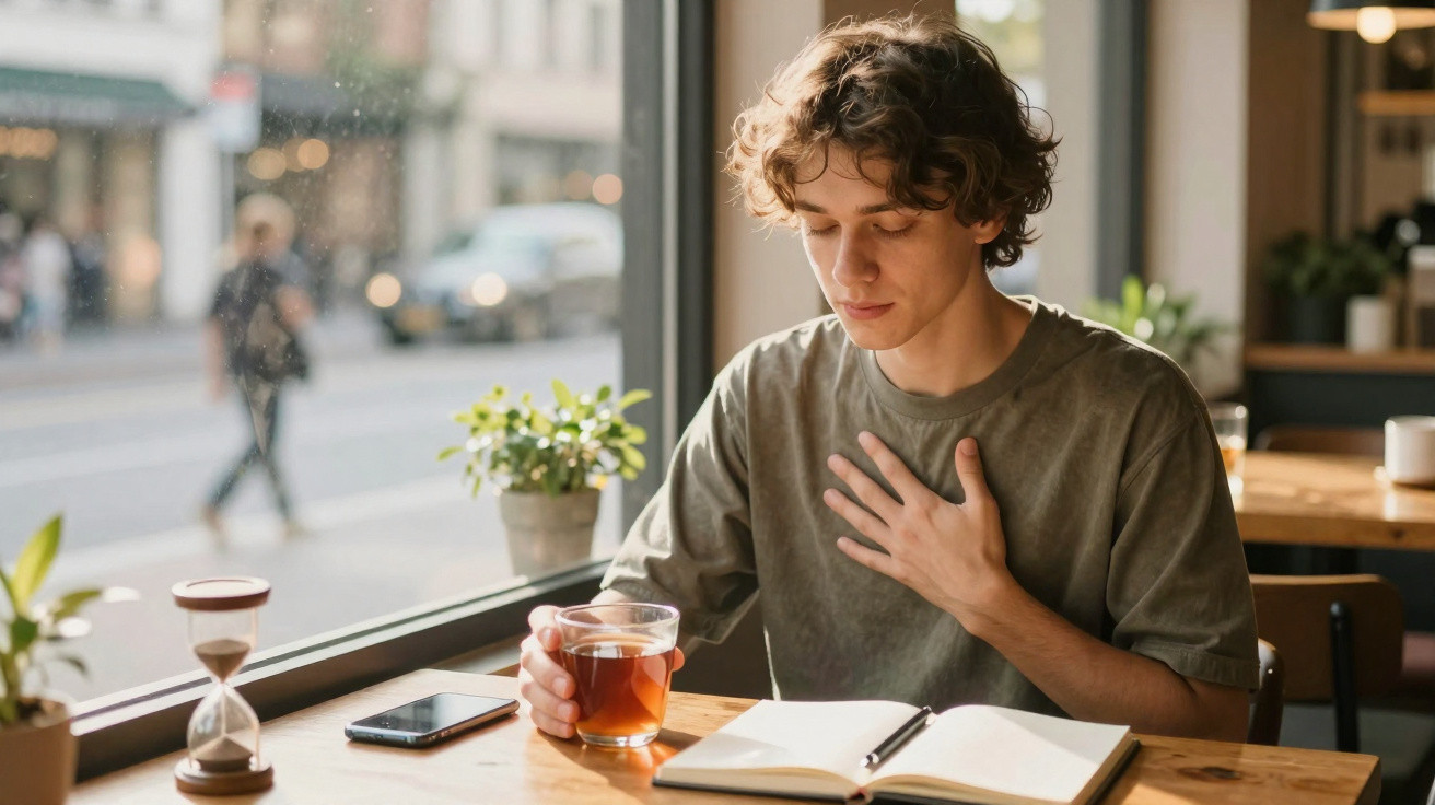 Jovem sentado num café com chá, de mão no peito, lendo um livro aberto sobre a mesa junto a um telefone e um relógio de areia