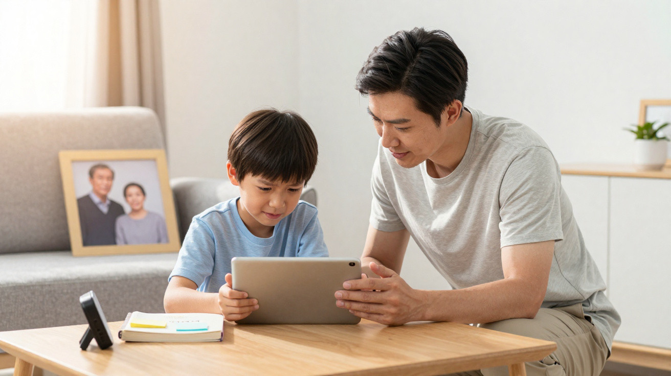 Pai e filho asiáticos sentados à mesa a usar um tablet juntos numa sala iluminada.