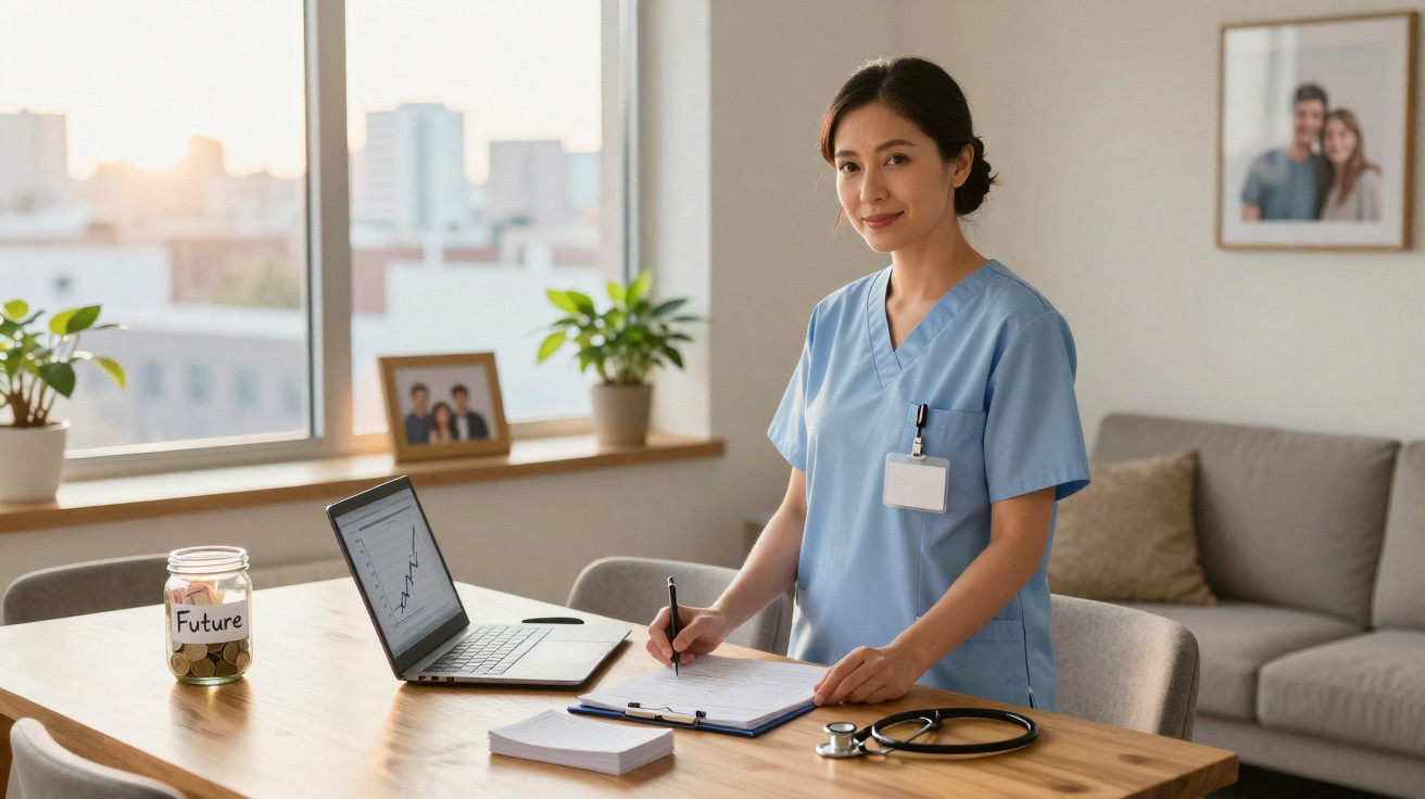 Mulher médica em uniforme azul a trabalhar em secretária com laptop, notas e estetoscópio num escritório moderno.