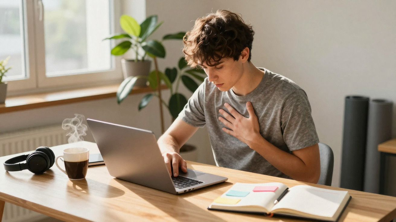 Jovem sentado à secretária com computador portátil, mão no peito, aparentando desconforto ou dor.