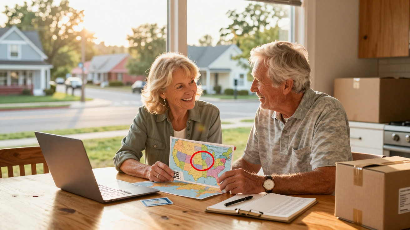 Casal sénior sentado à mesa a planear viagem com mapa e computador portátil numa casa iluminada.
