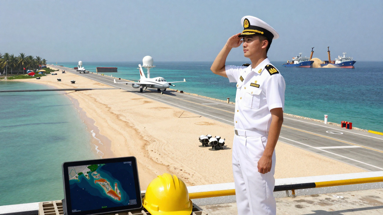 Oficial naval em uniforme branco a saudar numa base aérea costeira com avião e navios ao fundo.