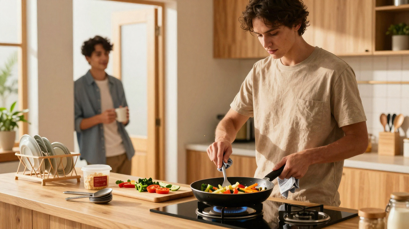 Jovem cozinha legumes numa frigideira numa cozinha moderna enquanto outra pessoa observa com uma chávena.