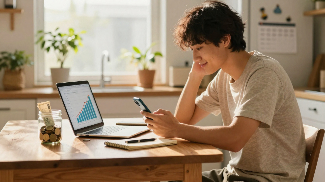 Jovem sentado à mesa a olhar para o telemóvel com computador portátil aberto a gráfico financeiro à sua frente.