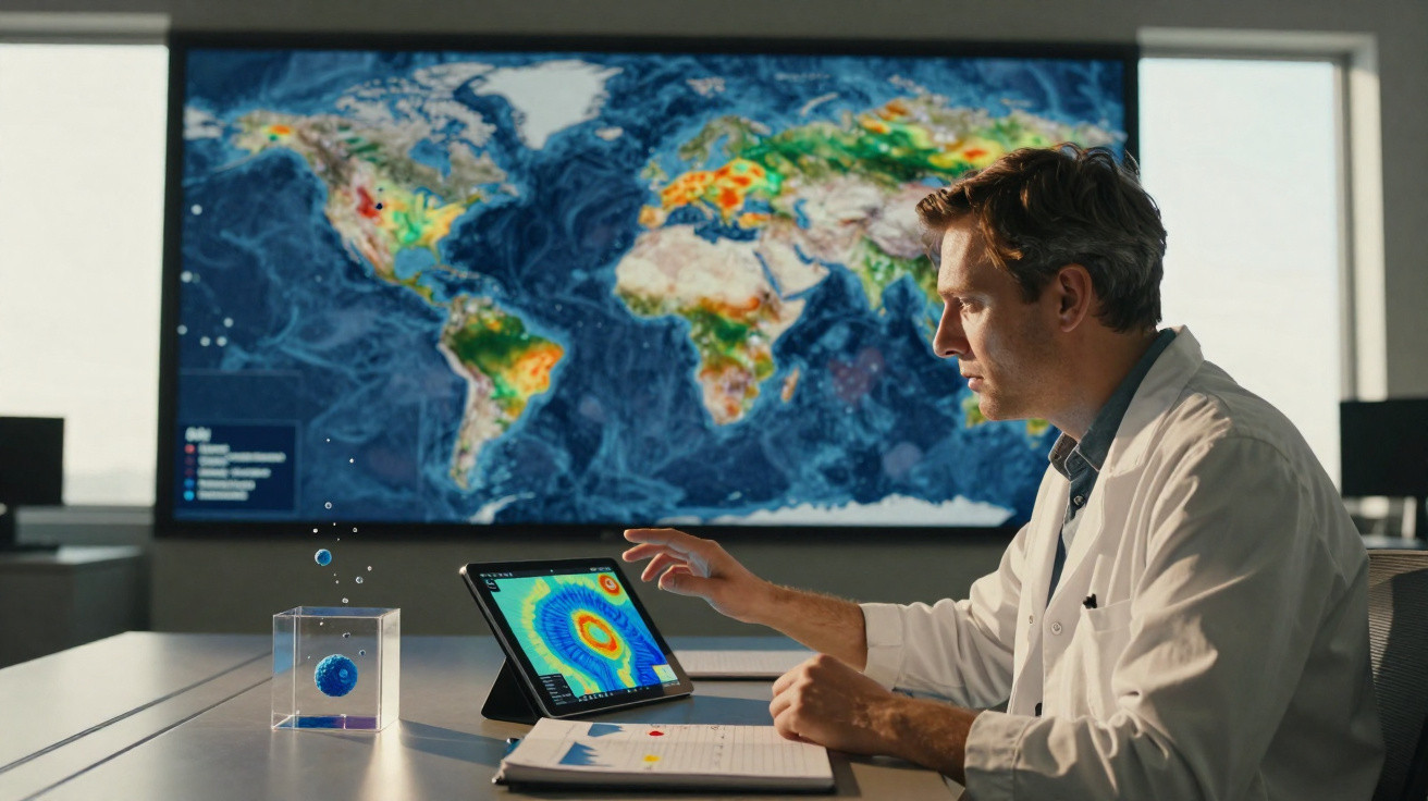 Homem num laboratório com bata branca analisa dados meteorológicos em tablet e mapa mundial ao fundo.