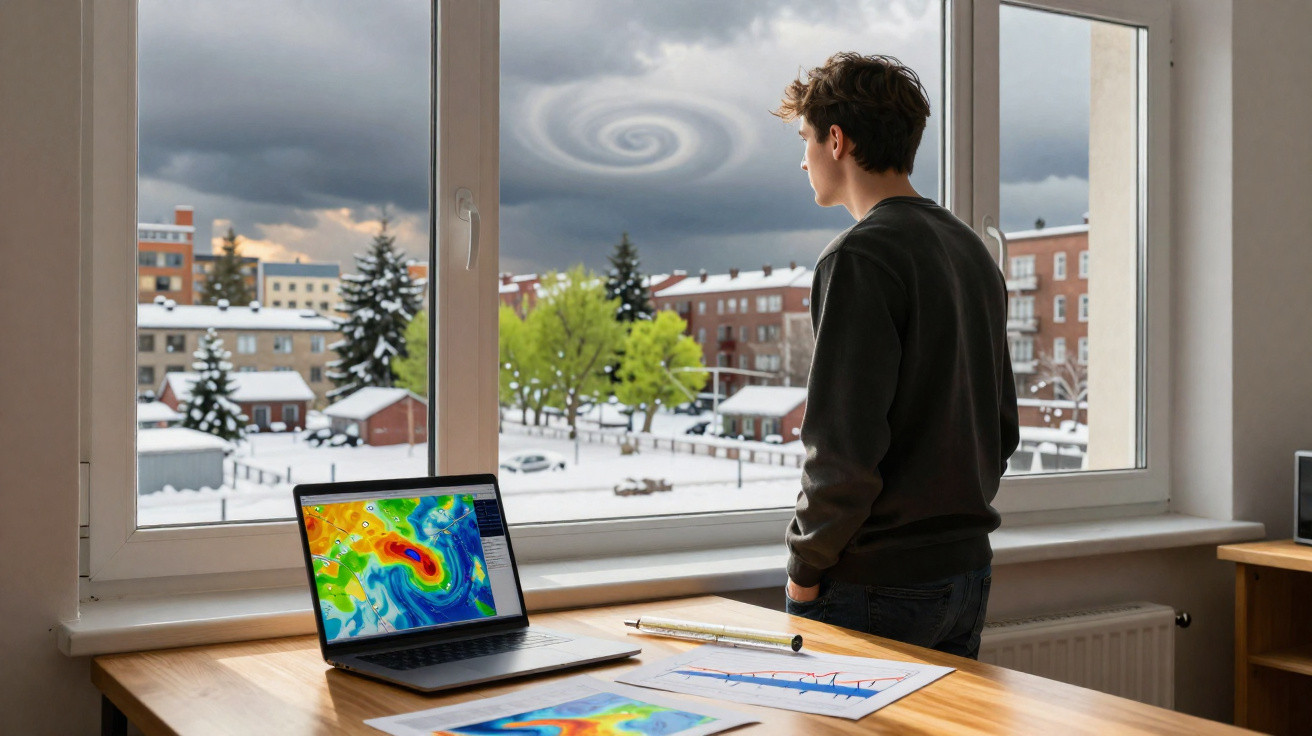 Jovem observa redemoinho misterioso pela janela, com mapas meteorológicos no computador e mesa.