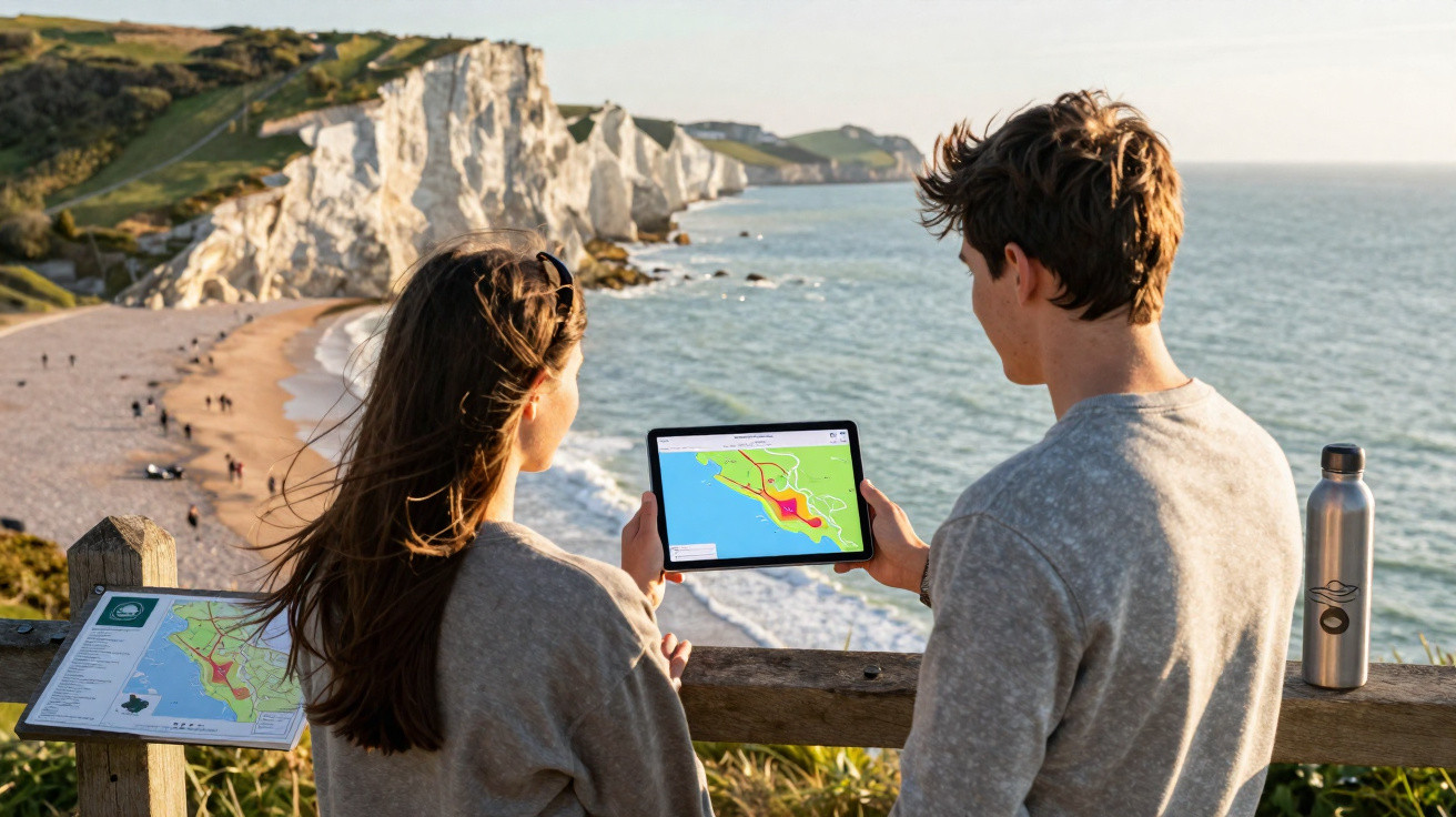 Casal jovem consulta mapa digital junto ao mar com falésias brancas ao fundo numa zona costeira.
