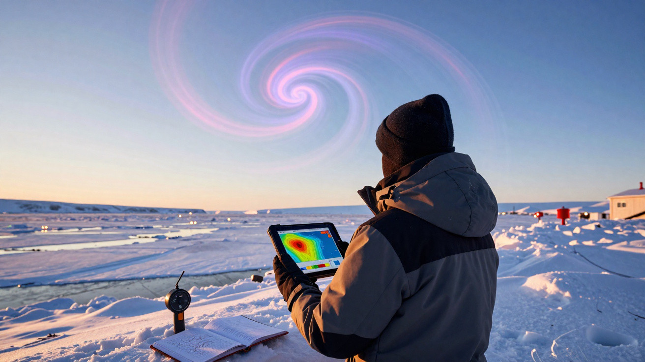 Pessoa com tablet e equipamento de medição na neve observa redemoinho rosa no céu ao pôr do sol.