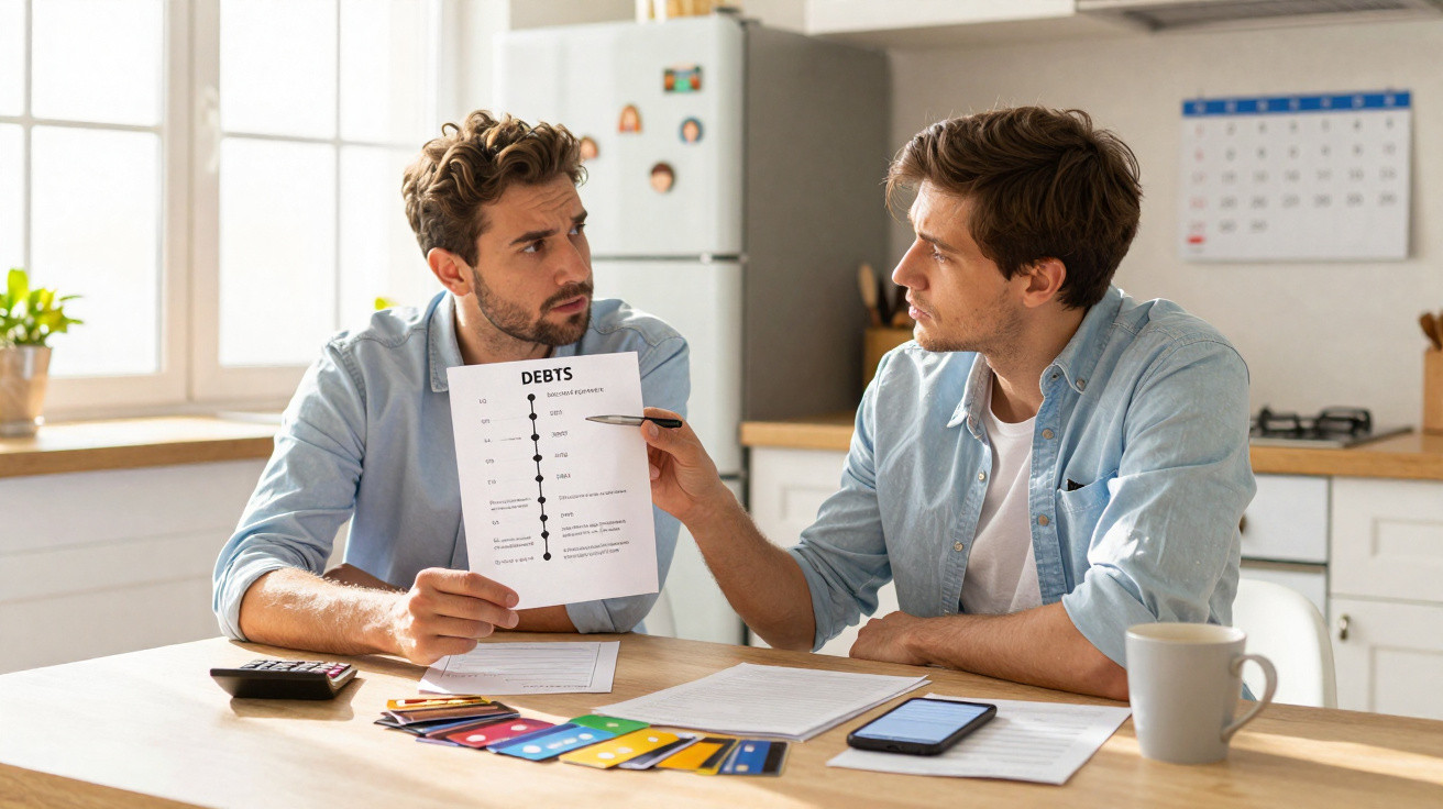Dois homens discutem finanças numa cozinha, um segura papel com gráfico de dívidas, outros documentos e cartões na mesa.