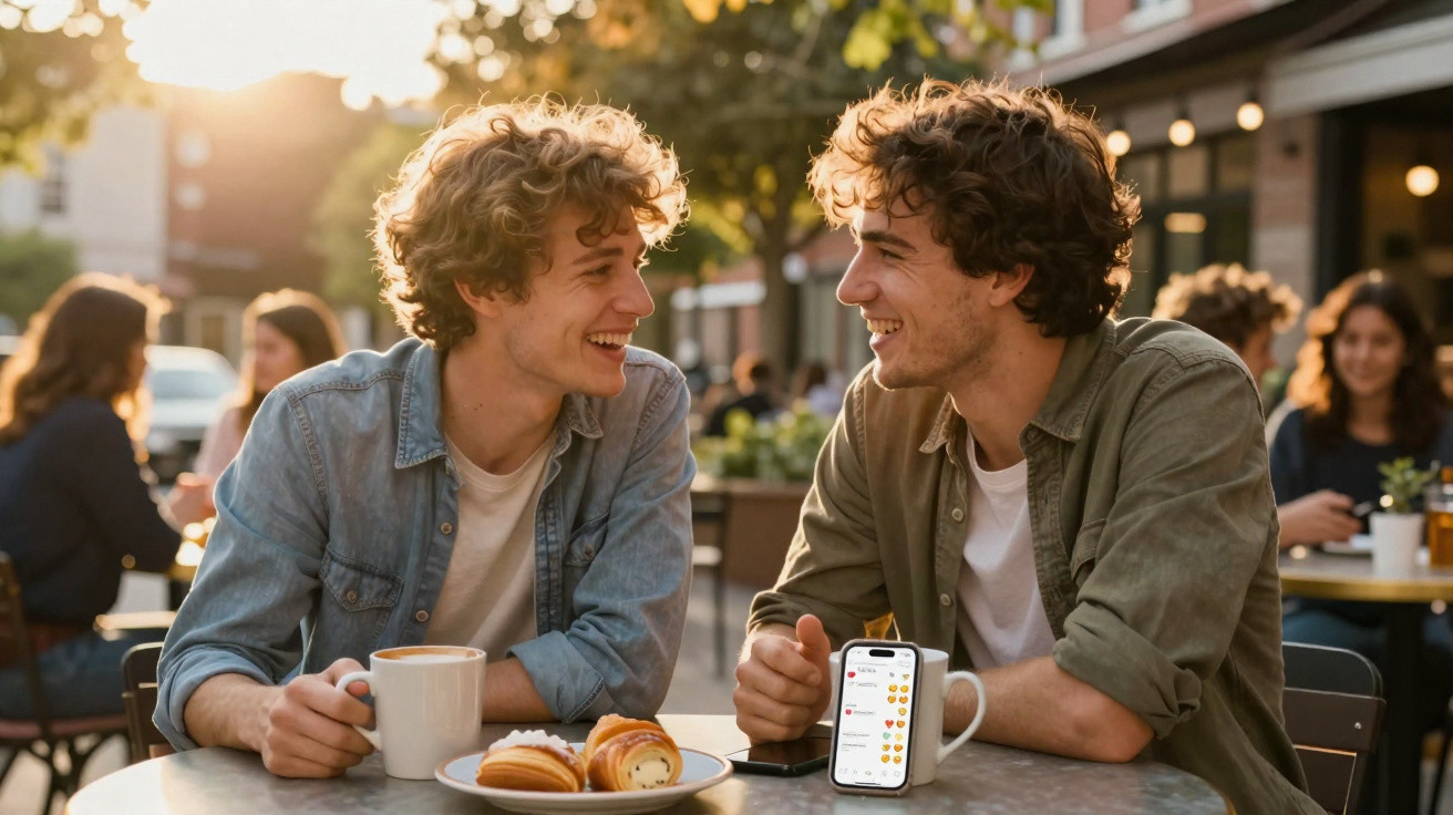 Dois jovens sentados numa esplanada a conversar, com café e croissants na mesa, ao pôr do sol.