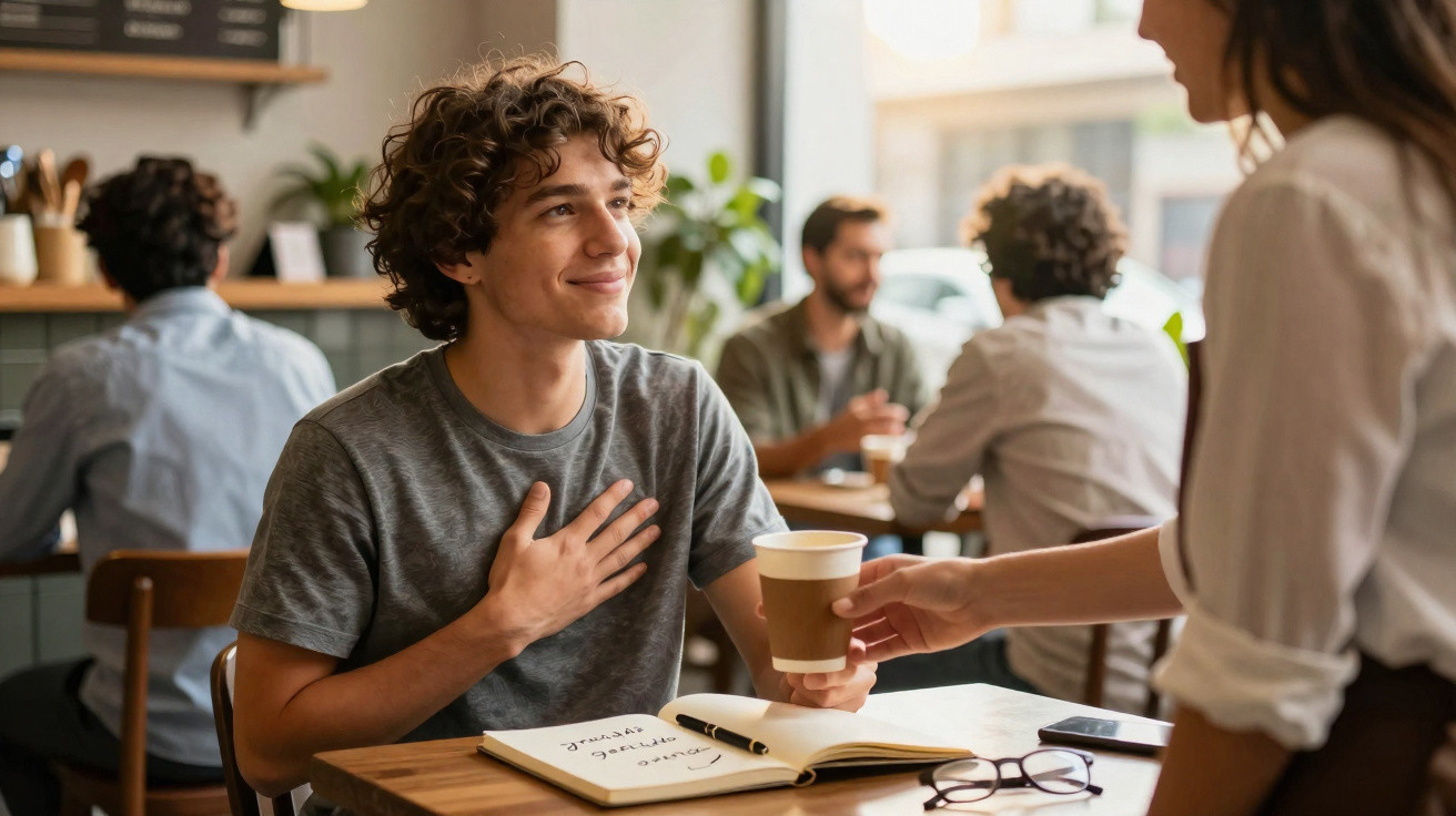 Jovem sentado numa cafetaria recebe um café de uma empregada com um sorriso agradecido.