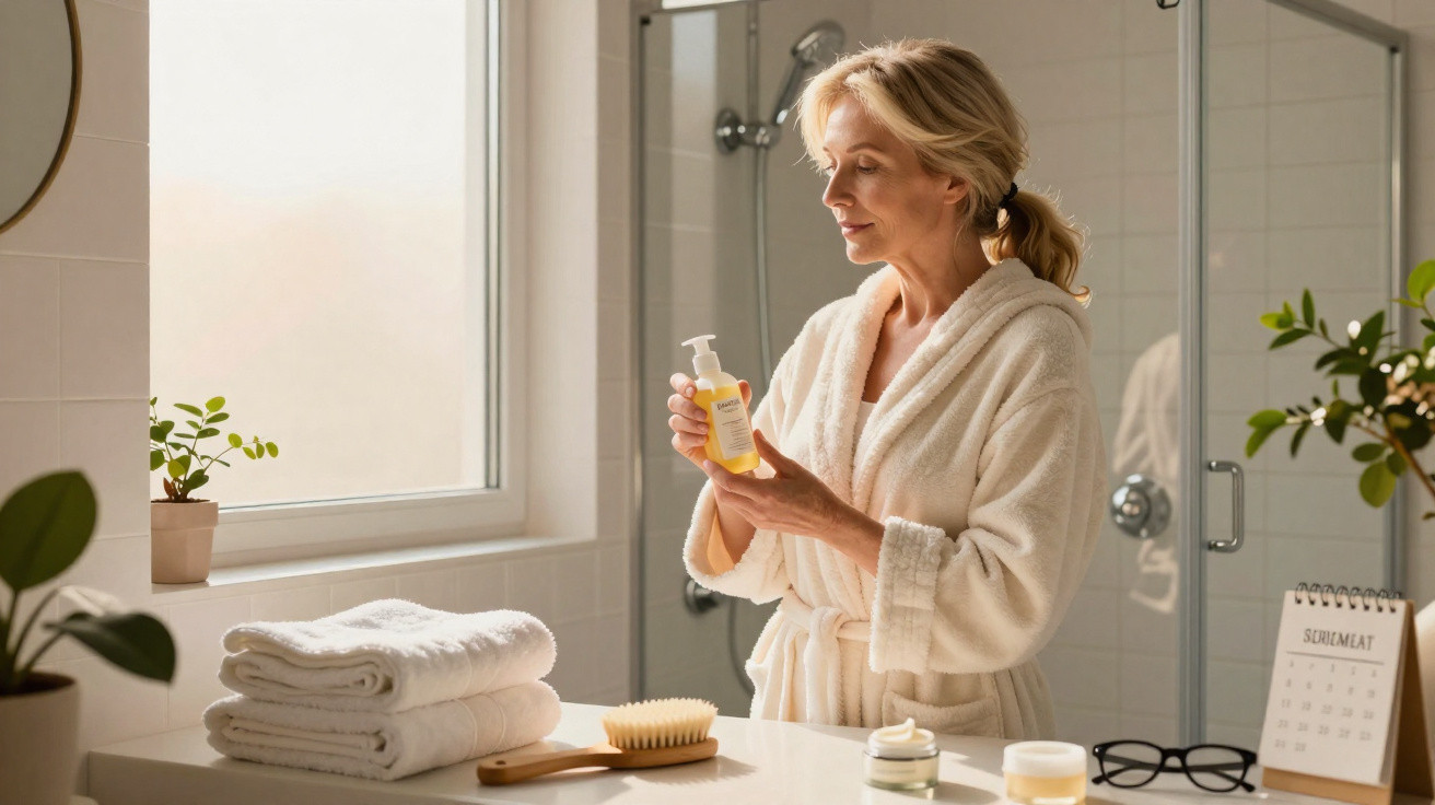 Mulher de roupão branco a segurar frasco de produto de beleza numa casa de banho iluminada.