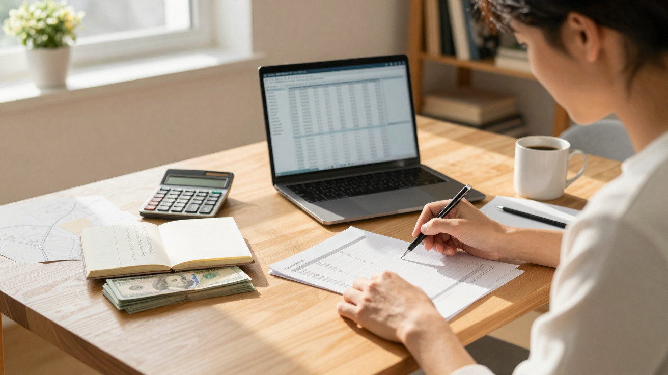Pessoa a analisar documentos financeiros com laptop, calculadora, notas de dólar e café numa mesa de madeira.