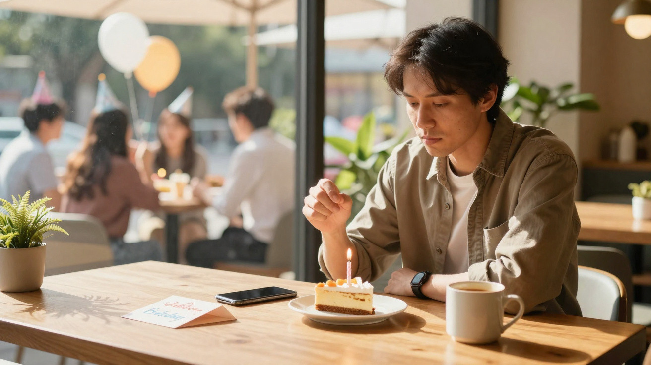 Homem sozinho a assoprar uma vela num bolo de aniversário num café, enquanto grupo festeja ao fundo.