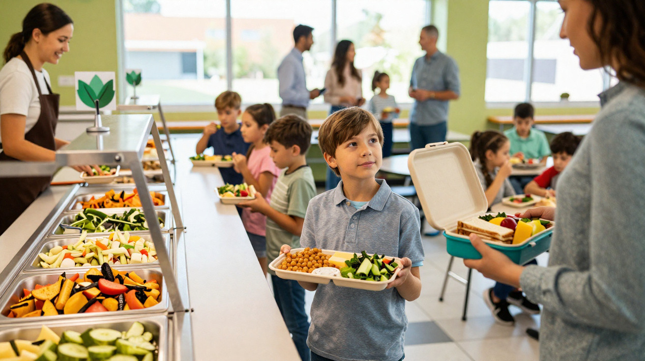 Crianças numa cantina escolar a receber comida saudável em bandejas, com funcionária a servir verduras.