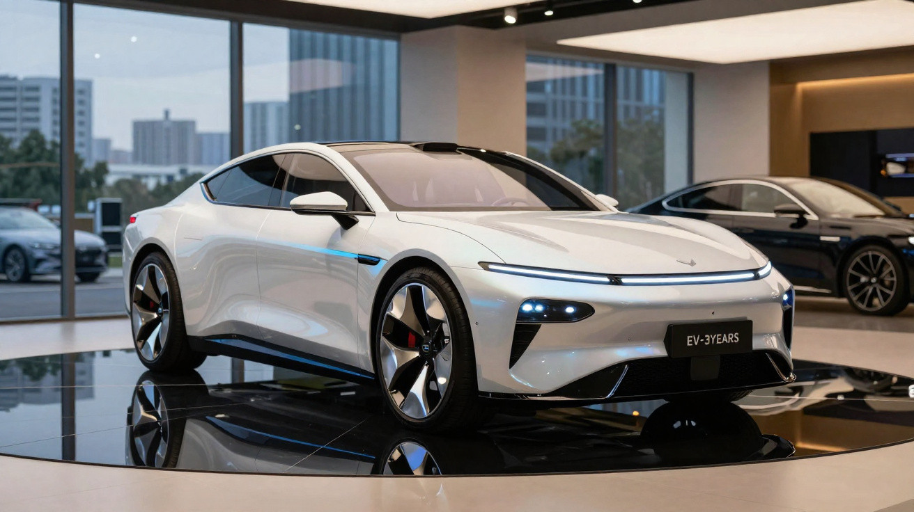 Carro desportivo elétrico branco com design moderno num showroom com grandes janelas e outros carros ao fundo.