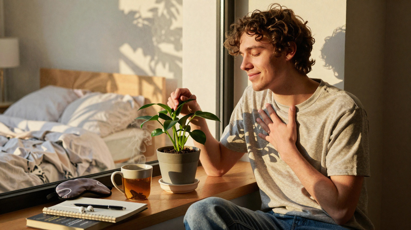 Homem sentado junto à janela com planta, chá, caderno e máscara de dormir numa manhã iluminada.