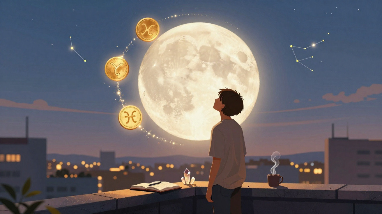 Jovem observa a lua cheia no céu noturno com signos zodiacais e constelações visíveis.