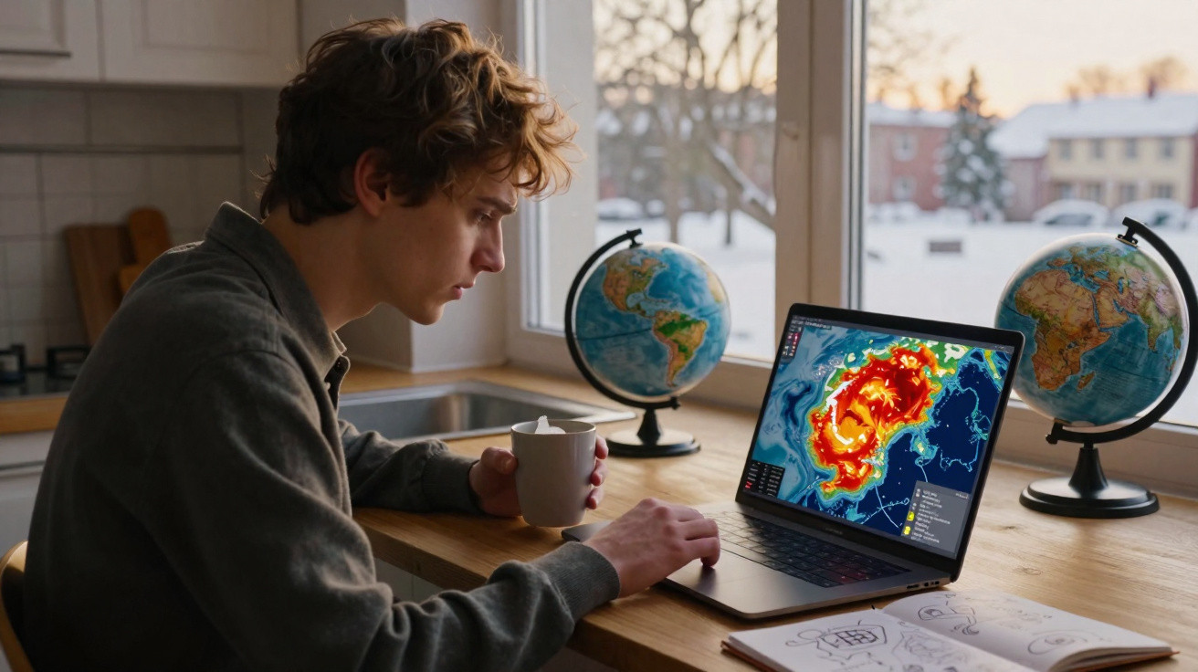 Jovem com chá numa mão e a usar portátil que mostra mapas climáticos, com globo terrestre e paisagem de neve ao fundo.