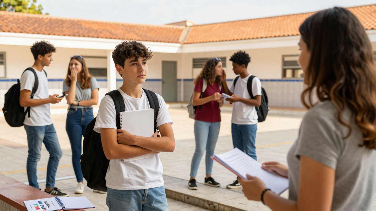 Jovem com camiseta branca e mochila, segurando caderno, parado em pátio escolar com colegas ao fundo.