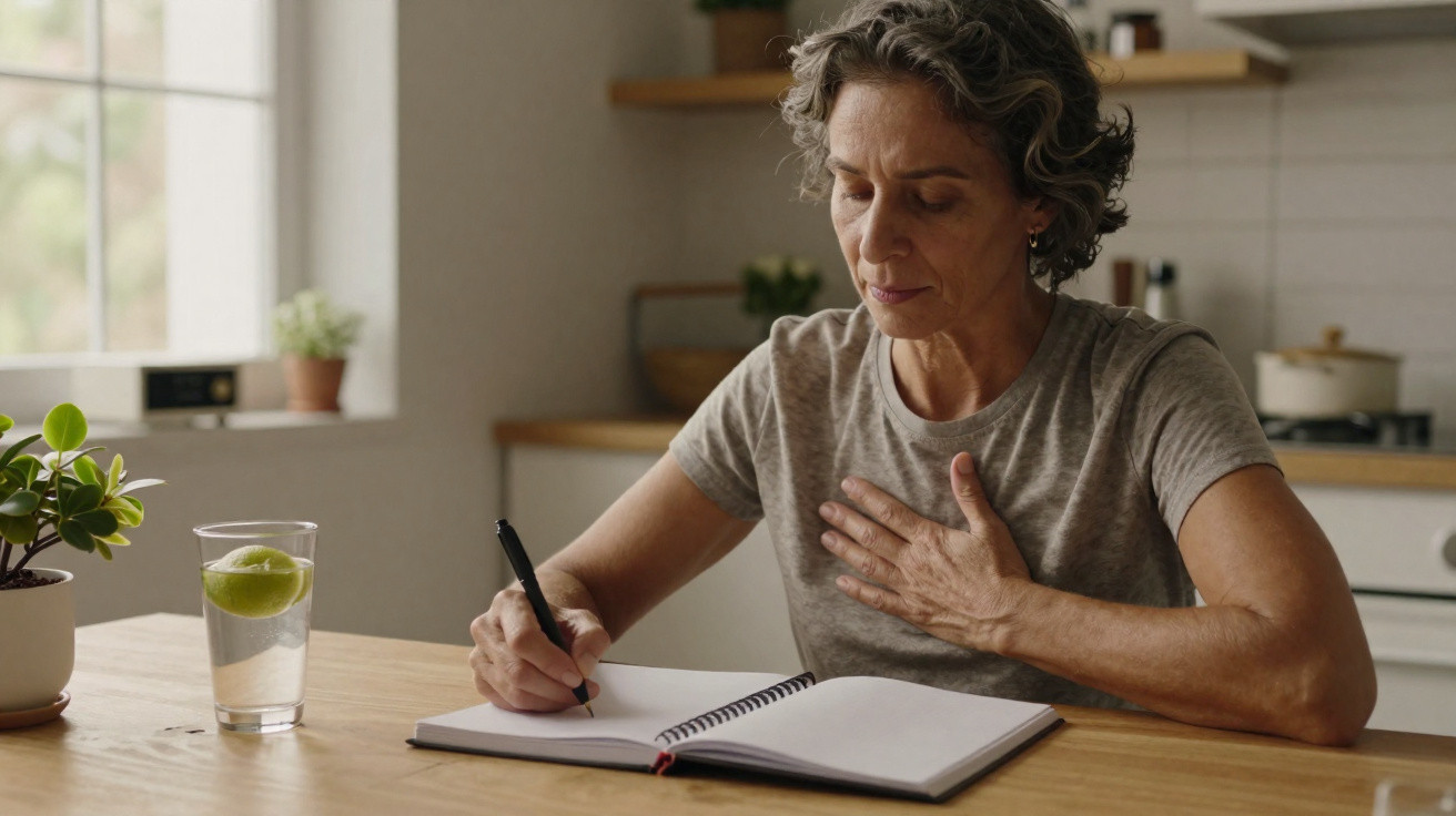Mulher madura escreve num caderno sentado à mesa na cozinha, com um copo de água e planta ao lado.