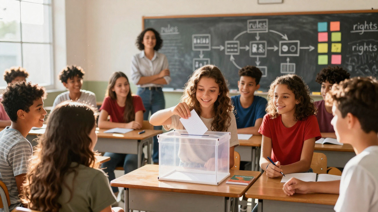 Alunos numa sala de aula a participar numa votação com urna transparente, professora observa ao fundo.