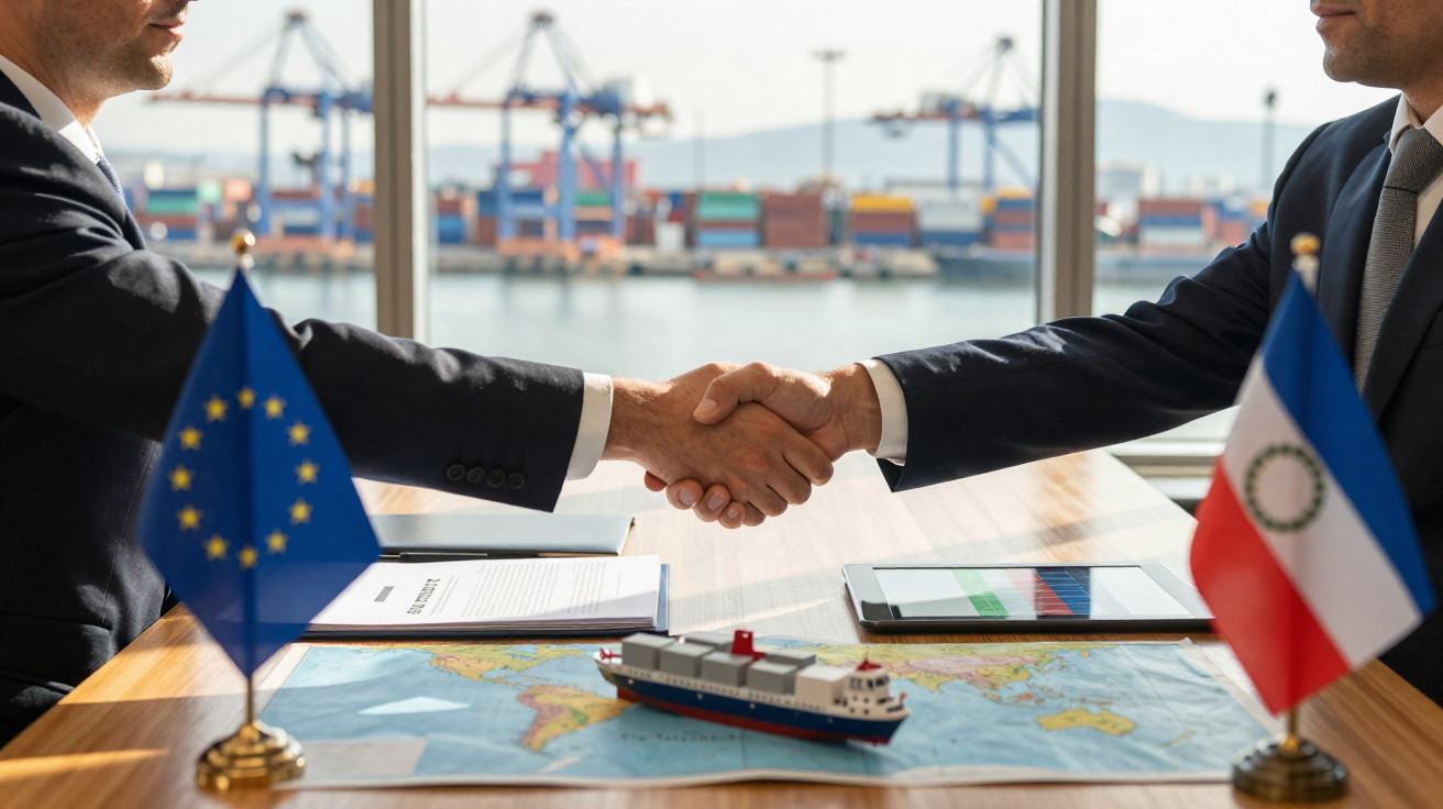 Duas pessoas apertam as mãos numa reunião com bandeiras da UE e Belice, mapa e miniatura de navio na mesa.