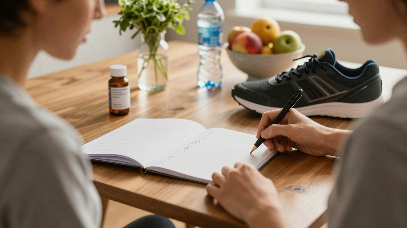 Pessoa escreve num caderno numa mesa com frutas, garrafa de água, medicamento e um ténis desportivo.