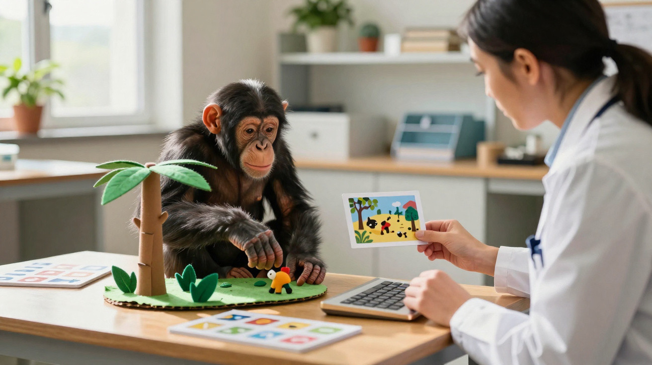 Chimpanzé jovem interage com jogos educativos enquanto uma cientista observa e segura uma imagem colorida numa sala iluminada
