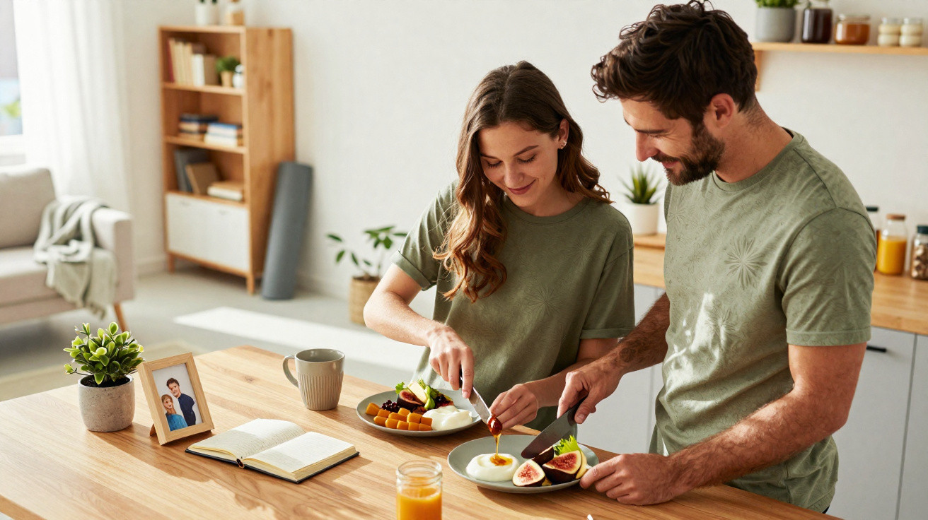 Casal sorridente a preparar e partilhar pequeno-almoço saudável numa cozinha moderna e iluminada.