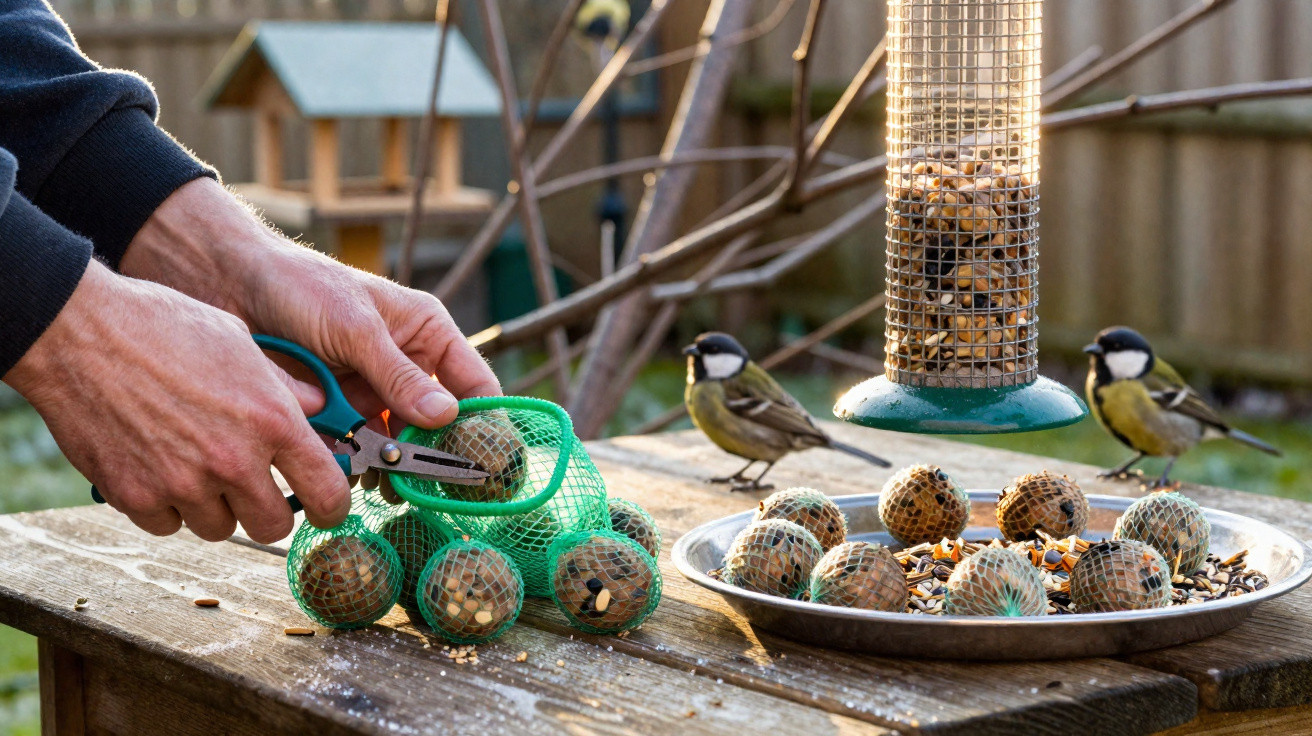 Mãos a cortar rede verde com bolas de gordura para pássaros perto de comedouro com dois pássaros no jardim.