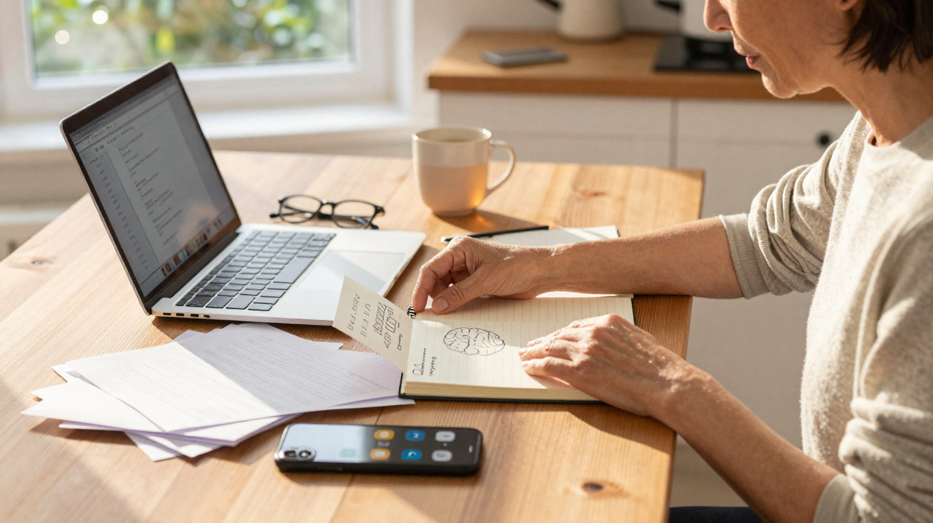 Pessoa a estudar sobre cérebro com caderno, computador portátil, telemóvel e óculos numa mesa de madeira.