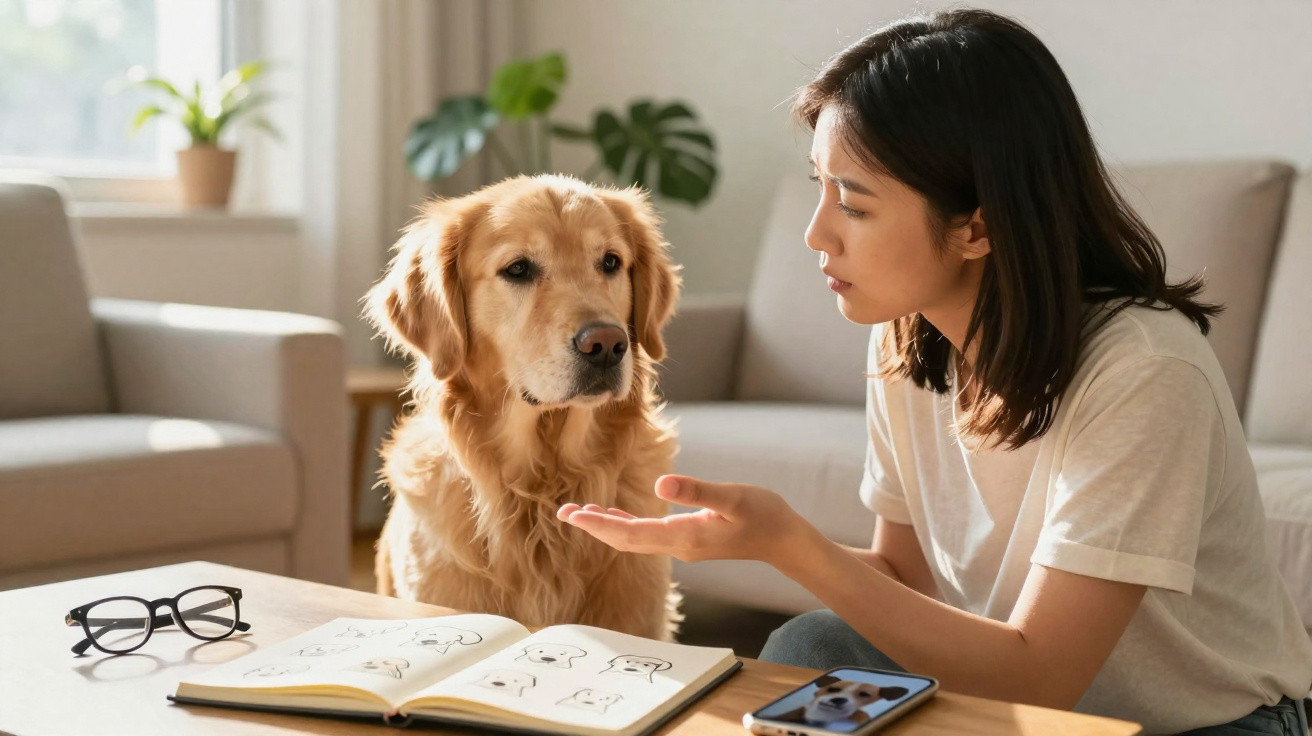 Mulher sentada em sala a interagir com cão golden retriever ao lado de desenhos de cães num caderno.