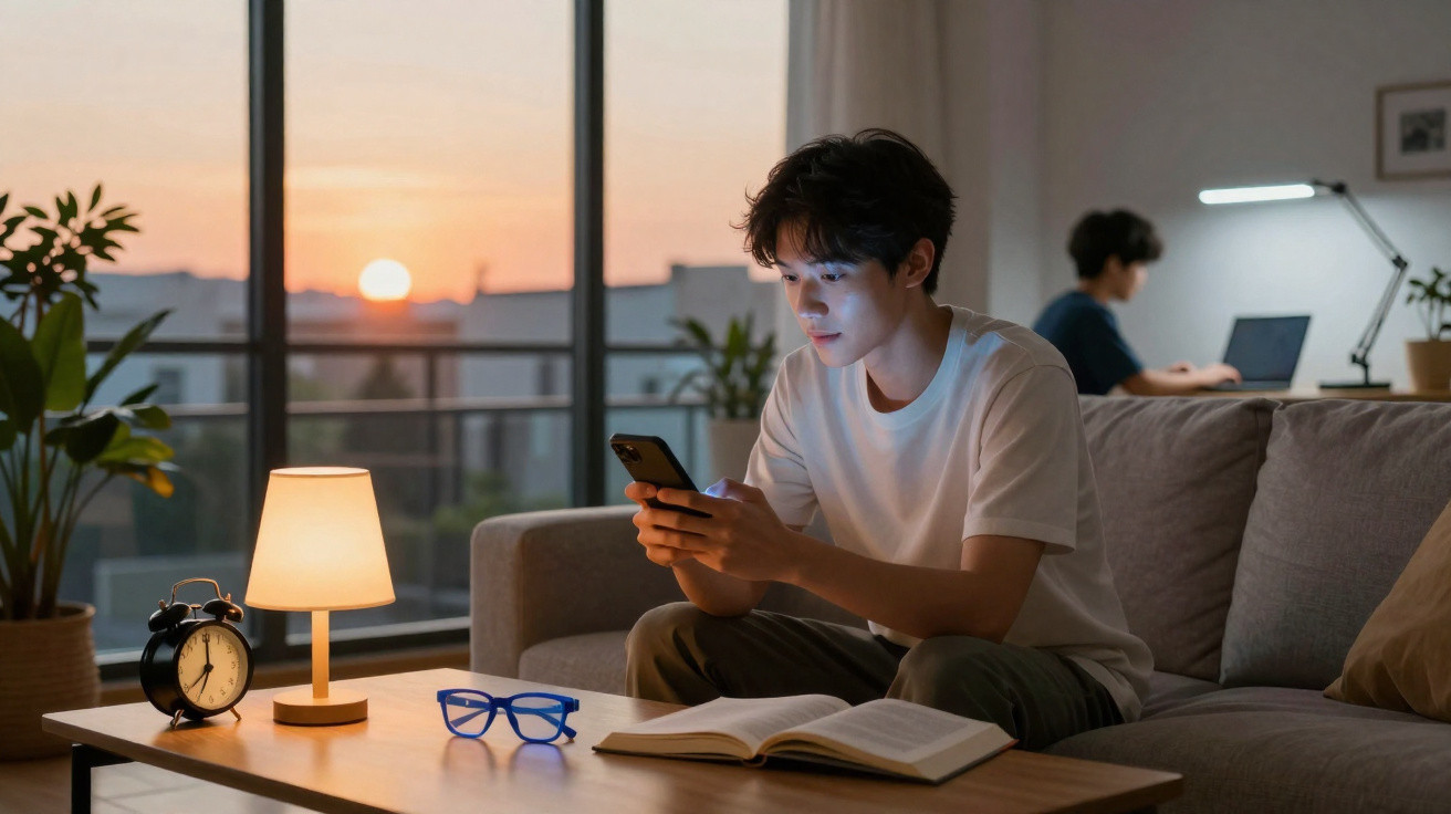 Jovem sentado no sofá a usar telemóvel, com livro aberto, relógio, candeeiro e óculos na mesa à frente, pôr do sol na janela.