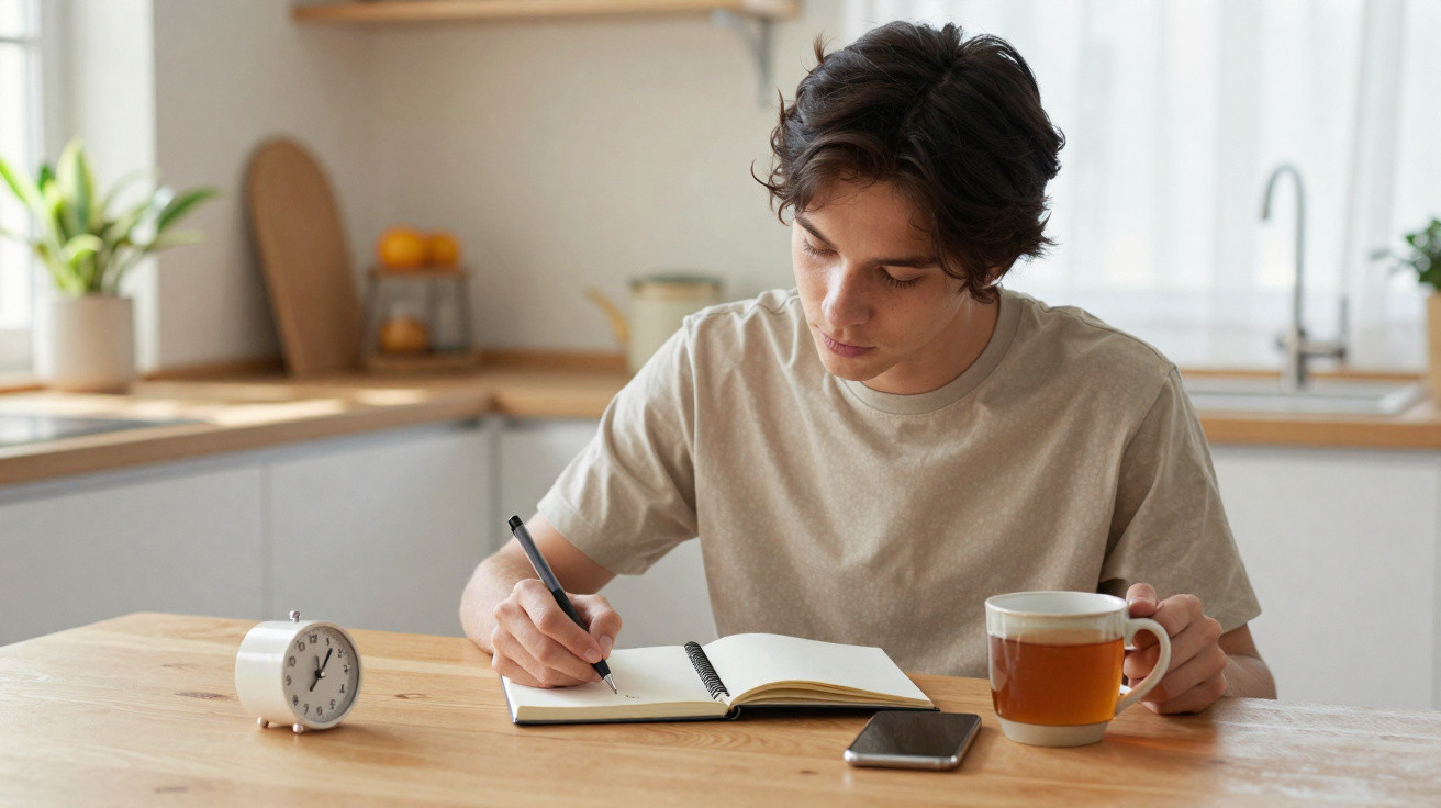 Jovem sentado à mesa na cozinha, escrevendo num caderno com chá e telemóvel à sua frente.