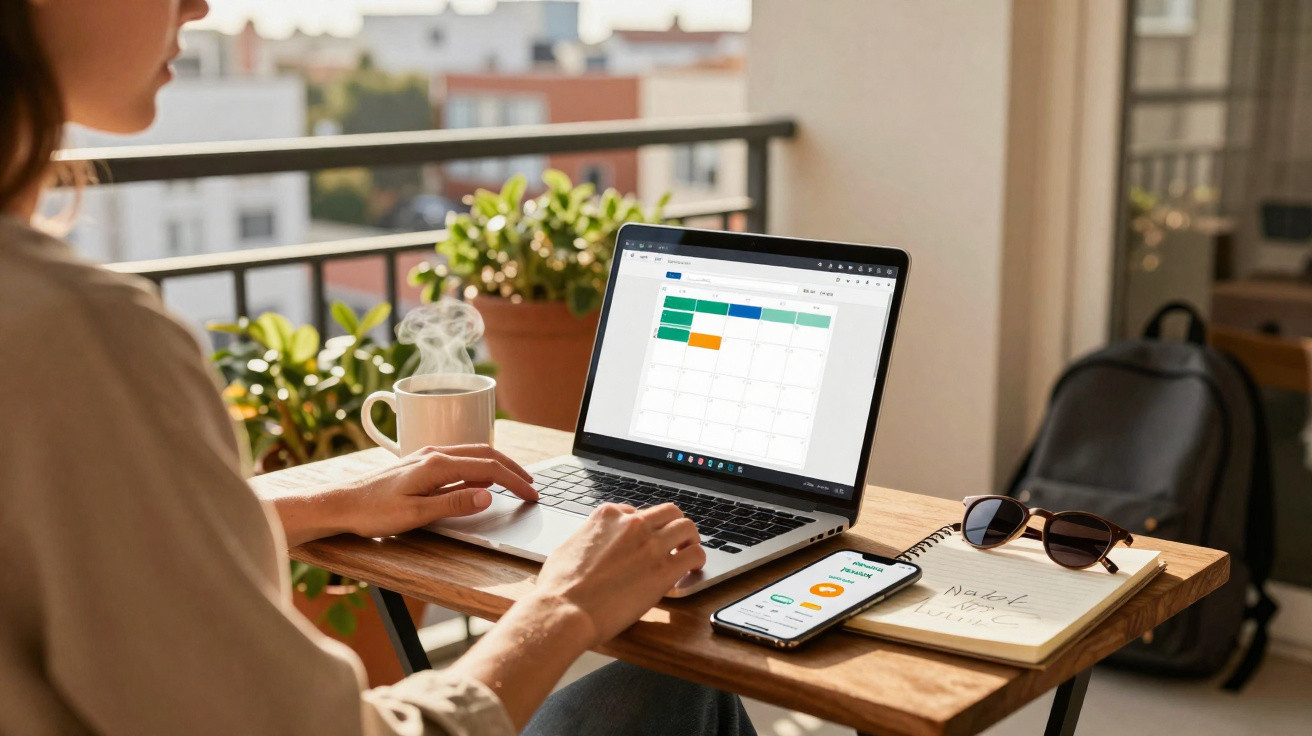 Pessoa a usar computador portátil com calendário aberto numa mesa com chá quente, telemóvel, óculos e caderno.