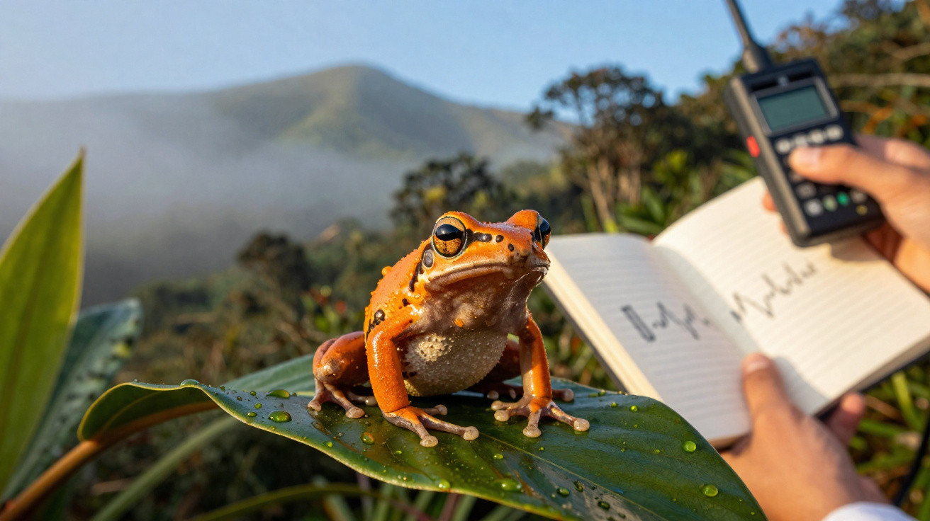 Sapo laranja sobre folha verde com gotas de água, mãos humanas seguram caderno e rádio comunicador.