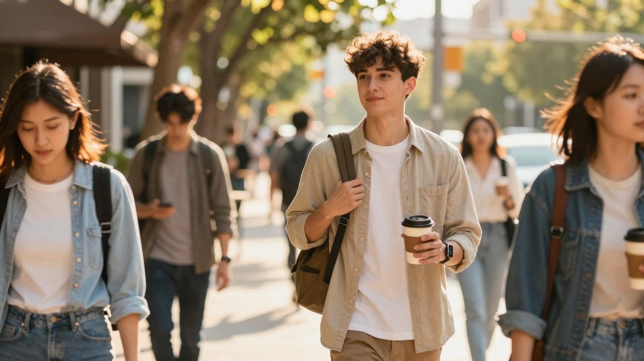 Jovens a caminhar numa rua citadina com árvores, alguns a segurar copos de café para viagem.