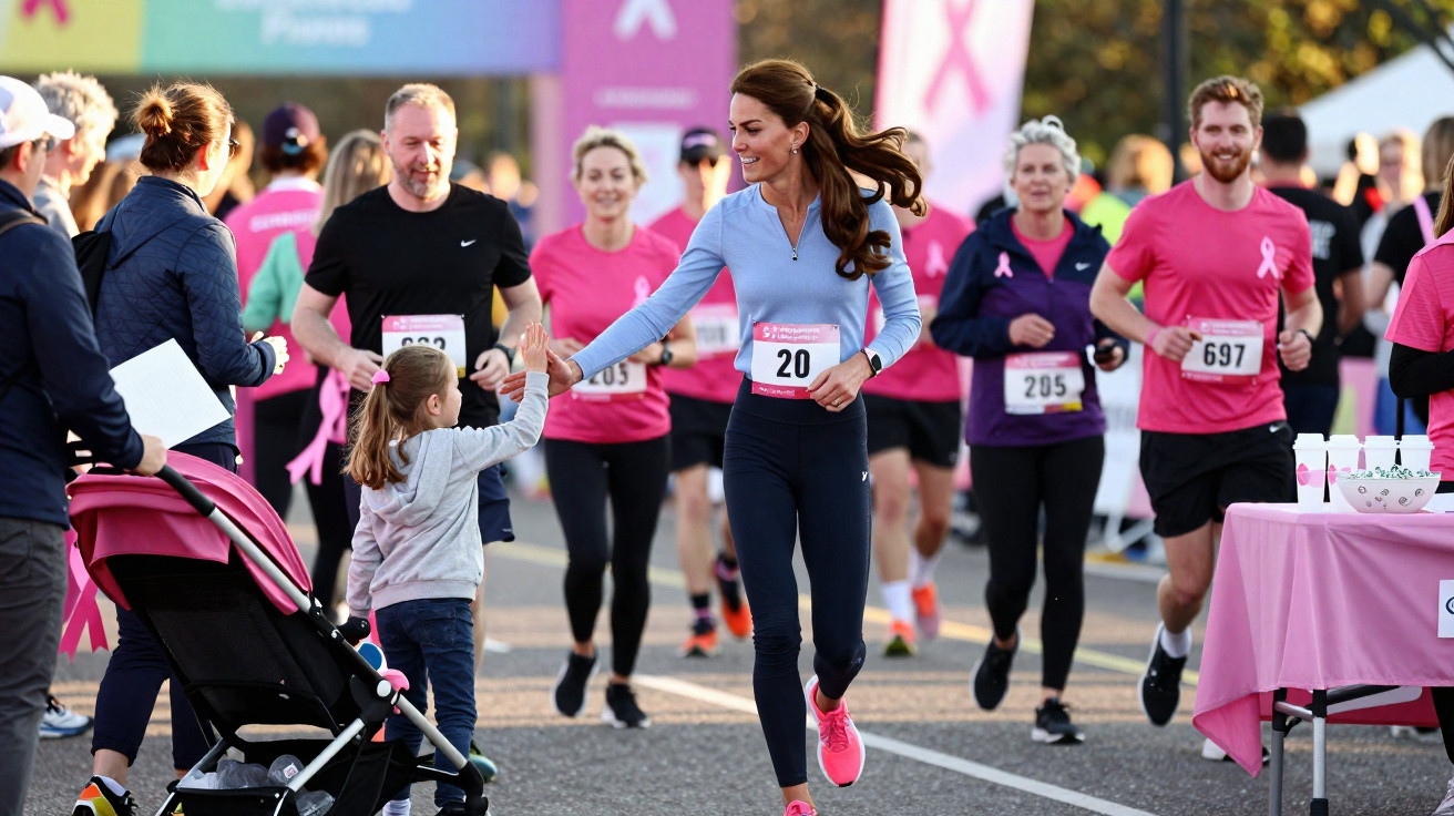 Mulher a correr com camisola azul e sapatilhas rosas faz um high five com criança durante corrida solidária.