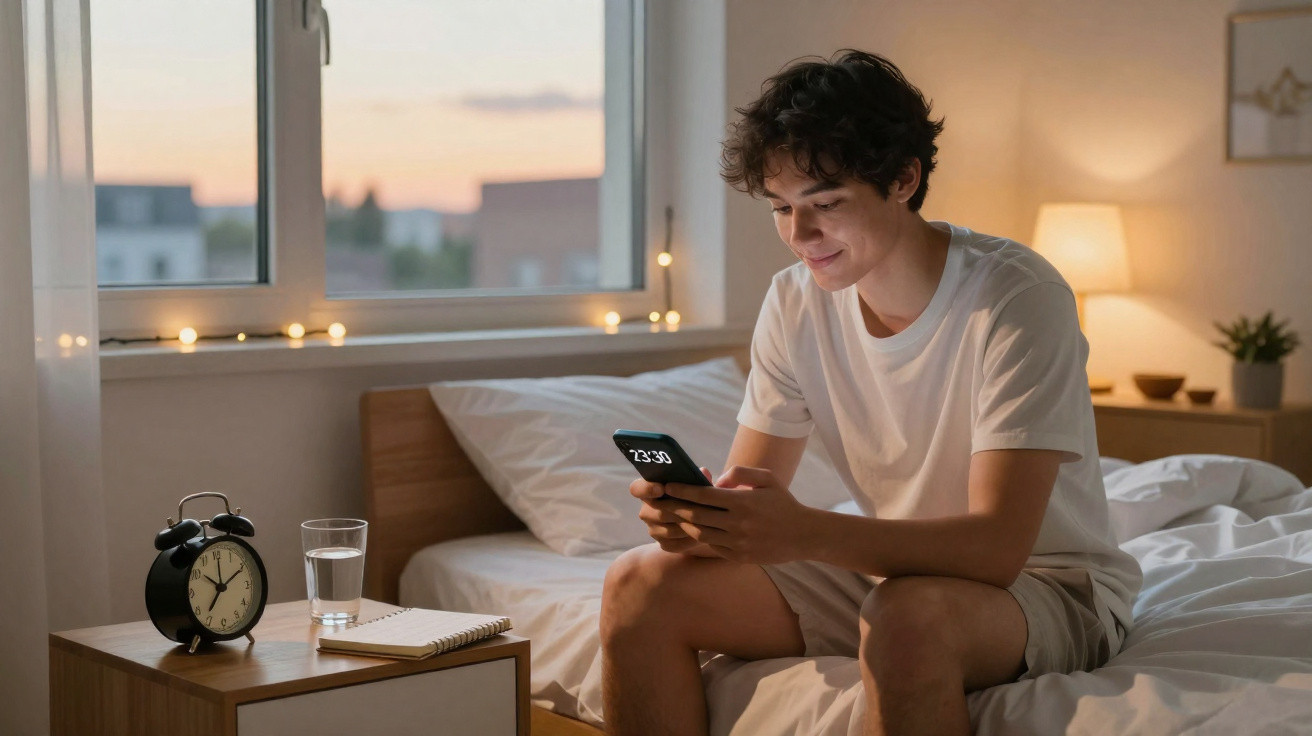 Jovem sentado na cama a usar o telemóvel numa manhã calma, com despertador e copo de água na mesa ao lado.