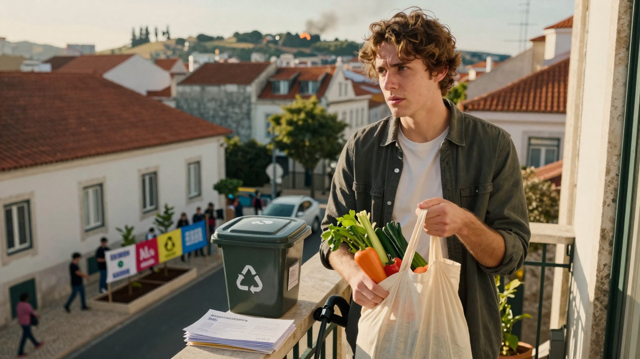 Jovem na varanda a segurar saco com legumes frescos, olhando para rua com caixote do lixo e painéis de reciclagem.