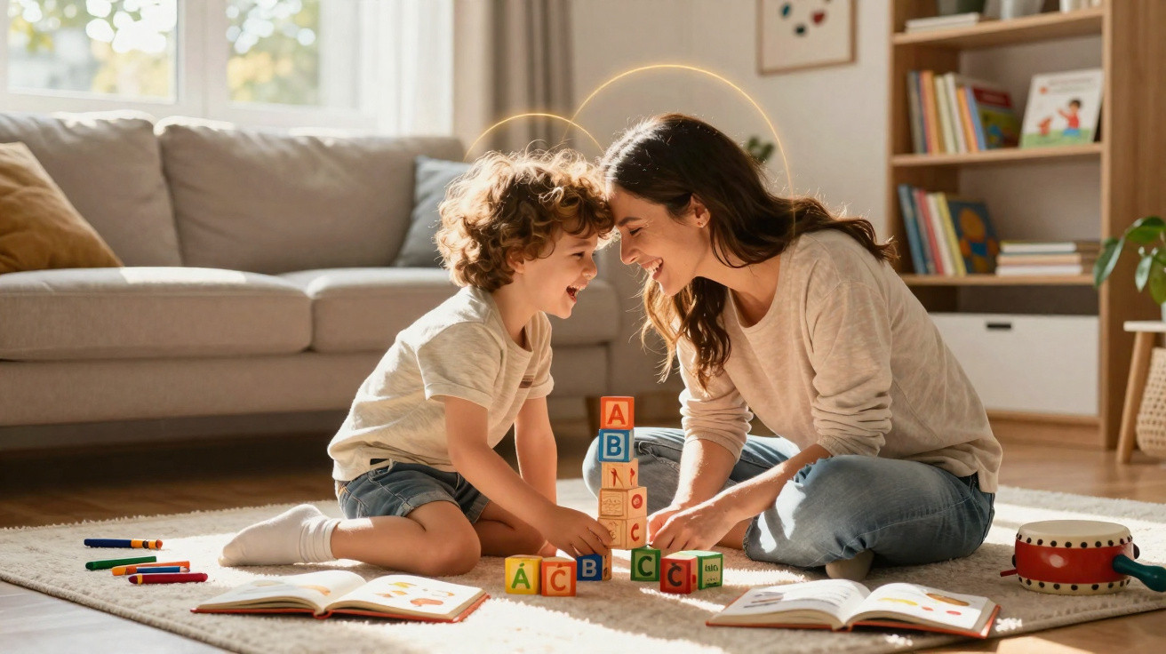 Mãe e filho pequenas brincam e constroem torre com blocos de letras numa sala iluminada e acolhedora.
